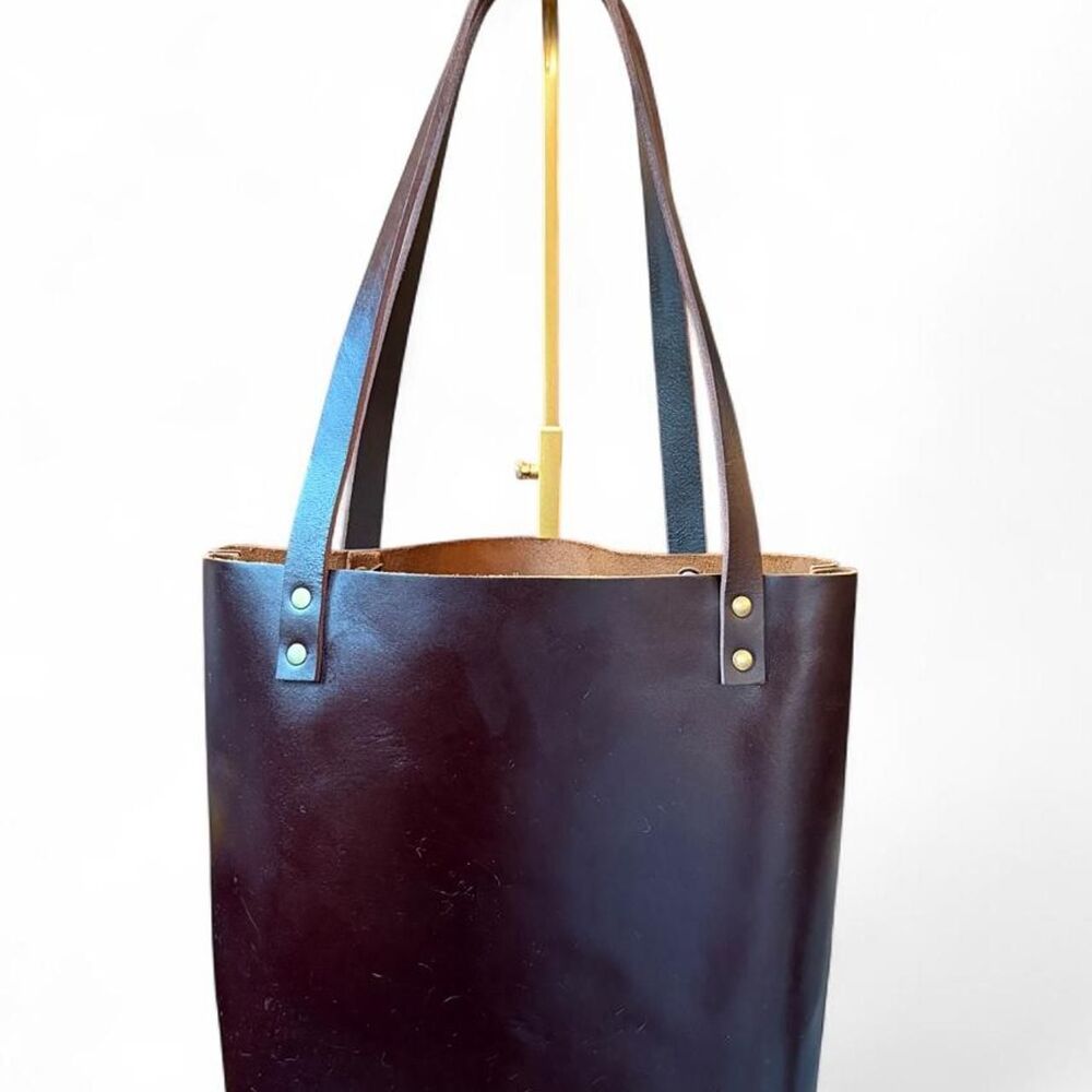 Portland Leather Goods Dark Brown Leather Tote Shoulder Bag Front Pocket